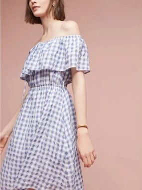 Anthropologie Blue Gingham Off-Shoulder Midi Dress 11 1 Tylho